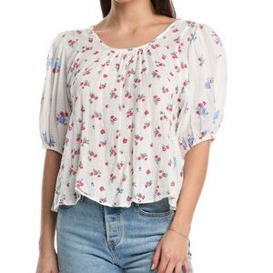 Free People White Floral Short Sleeve Peasant Top